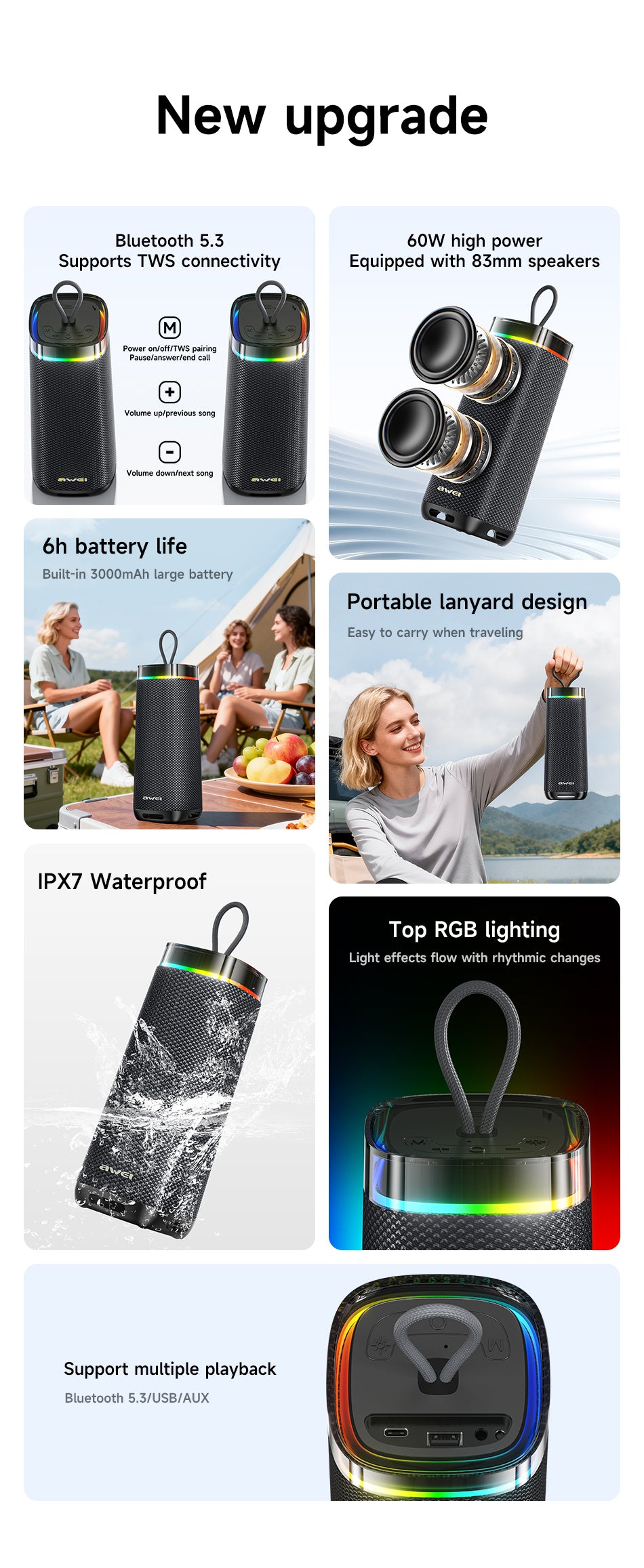 AWEI KA66 Bluetooth Speaker – Super Bass, RGB & TWS