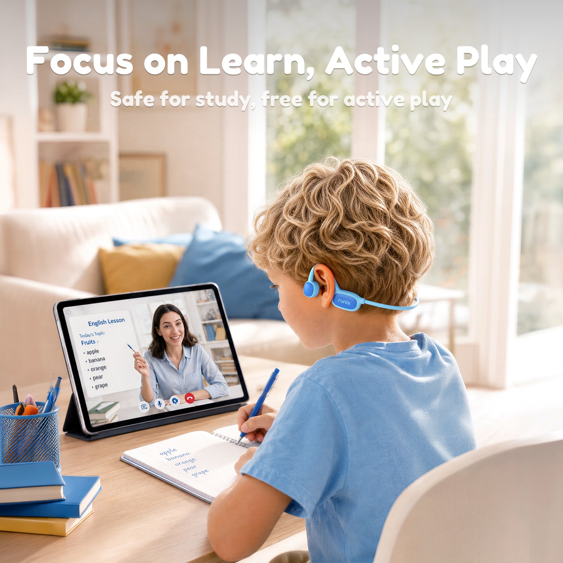 Child learning while wearing Runix S1 open-ear headphones