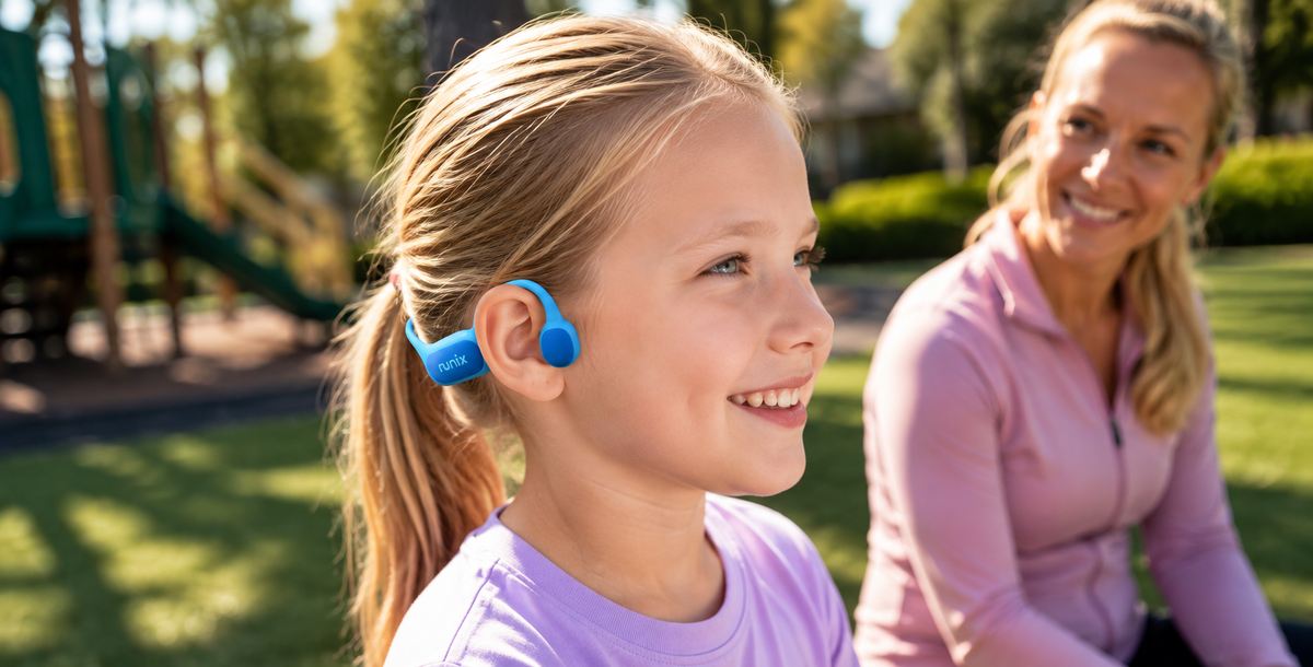 Child wearing Runix S1 open-ear headphones