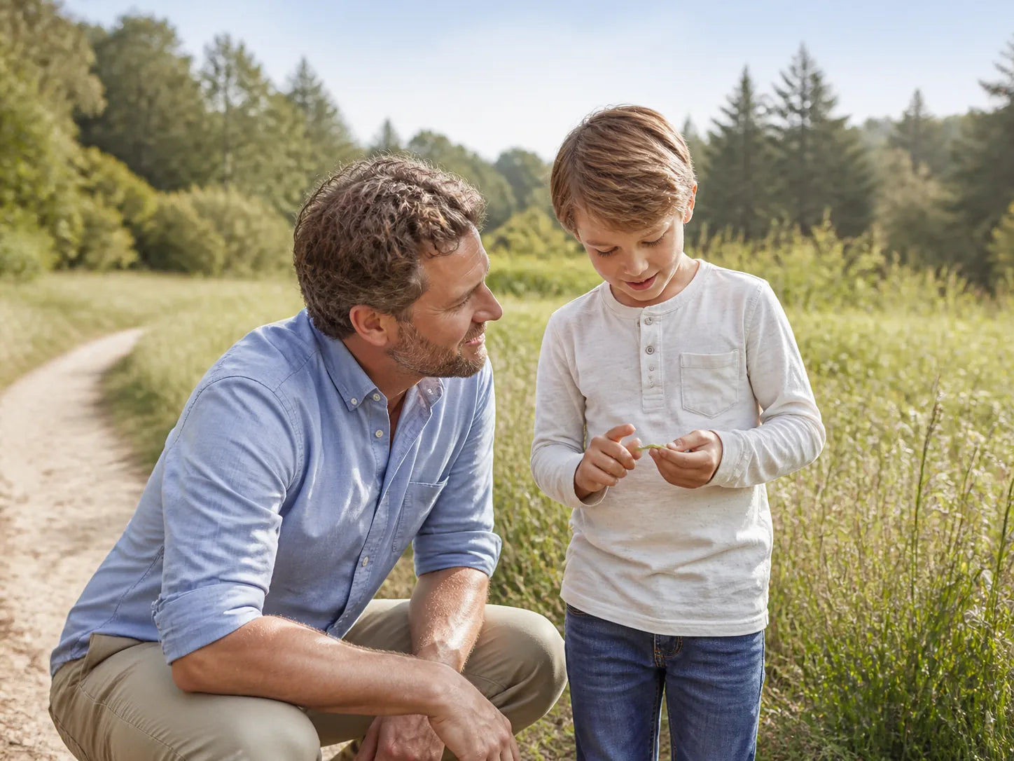 Parent and child discovering nature together