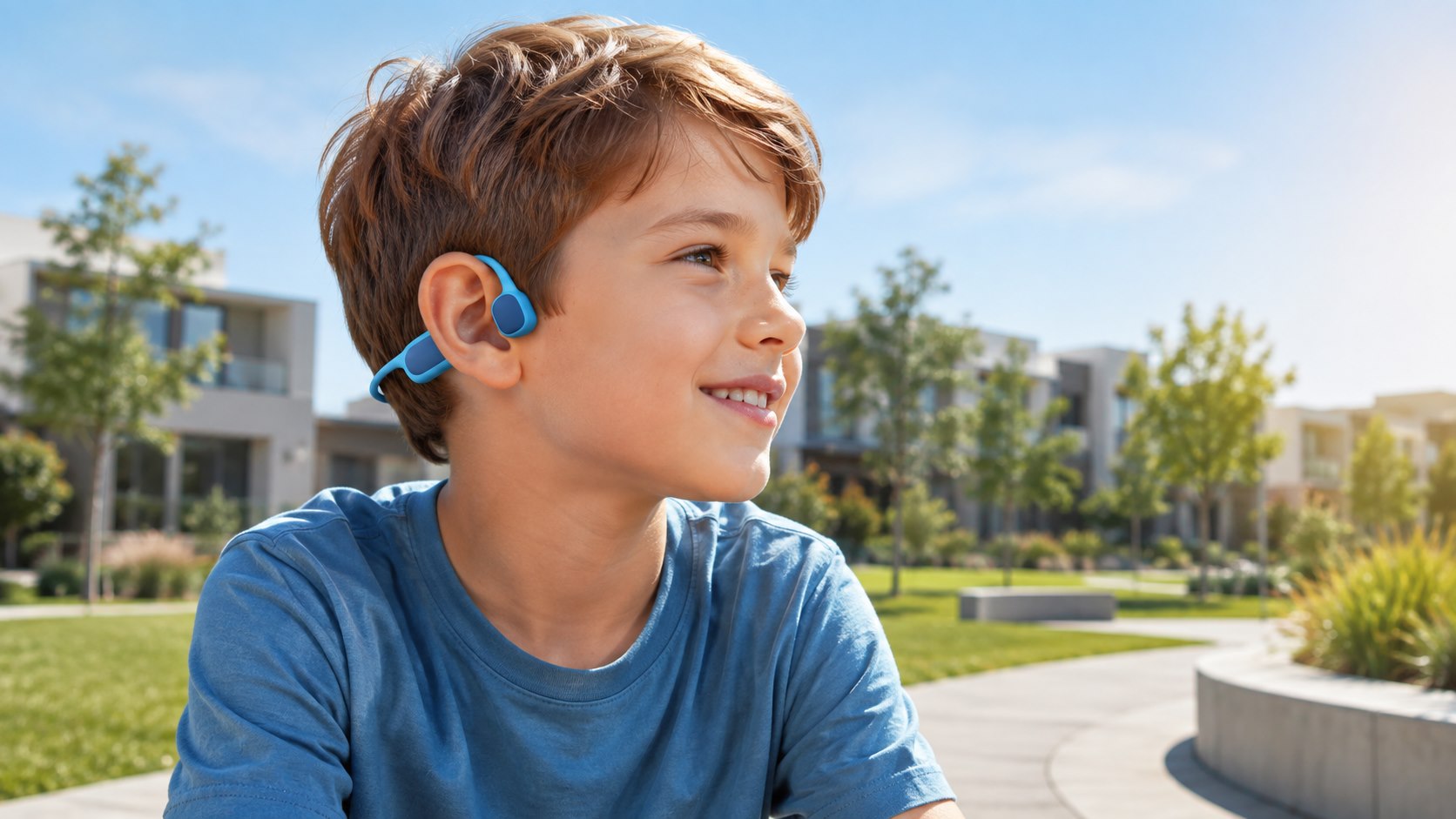 Child wearing blue Runix S1 open-ear headphones outdoors