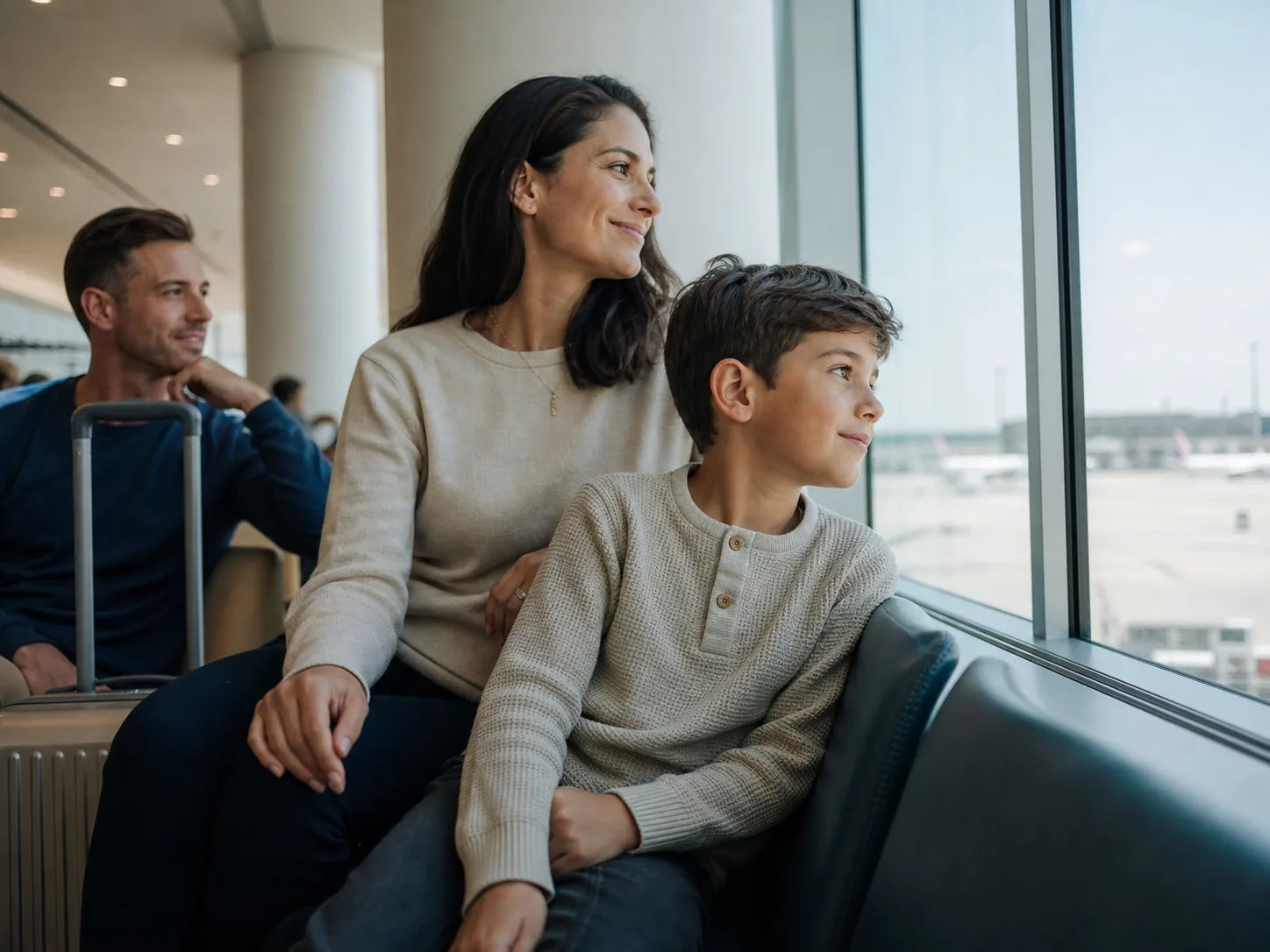 Family waiting together beside an airport window