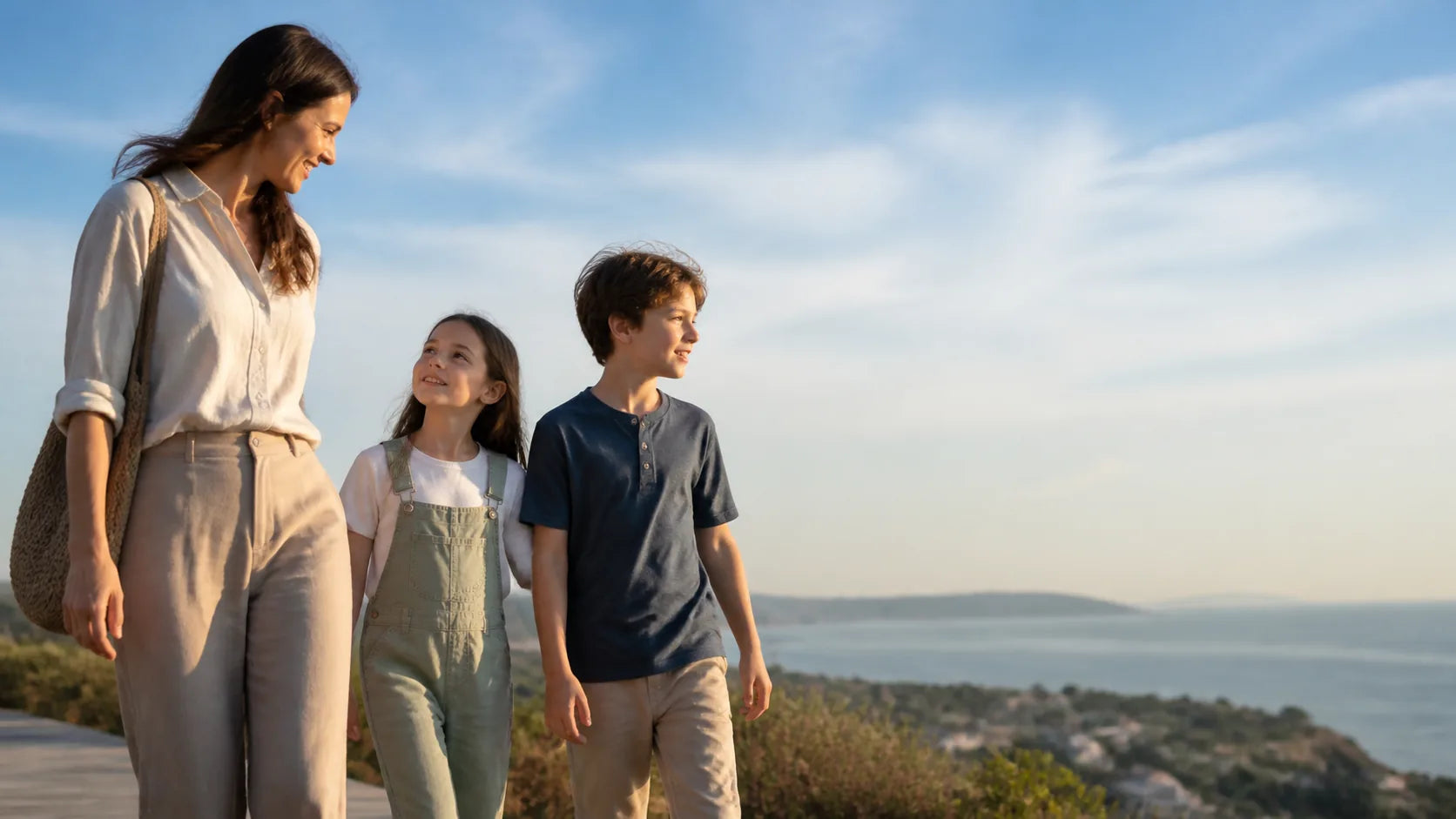 Family walking together above a coastal landscape