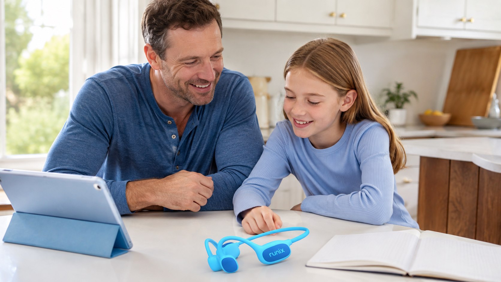 Parent and child exploring Runix audio products