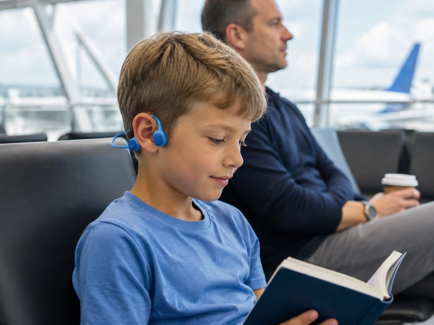 Child wearing Runix S1 open-ear headphones during family travel