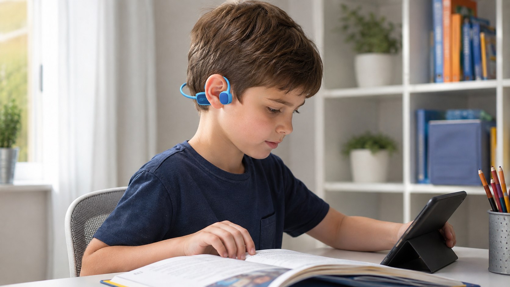 Child wearing Runix S1 open-ear headphones while studying