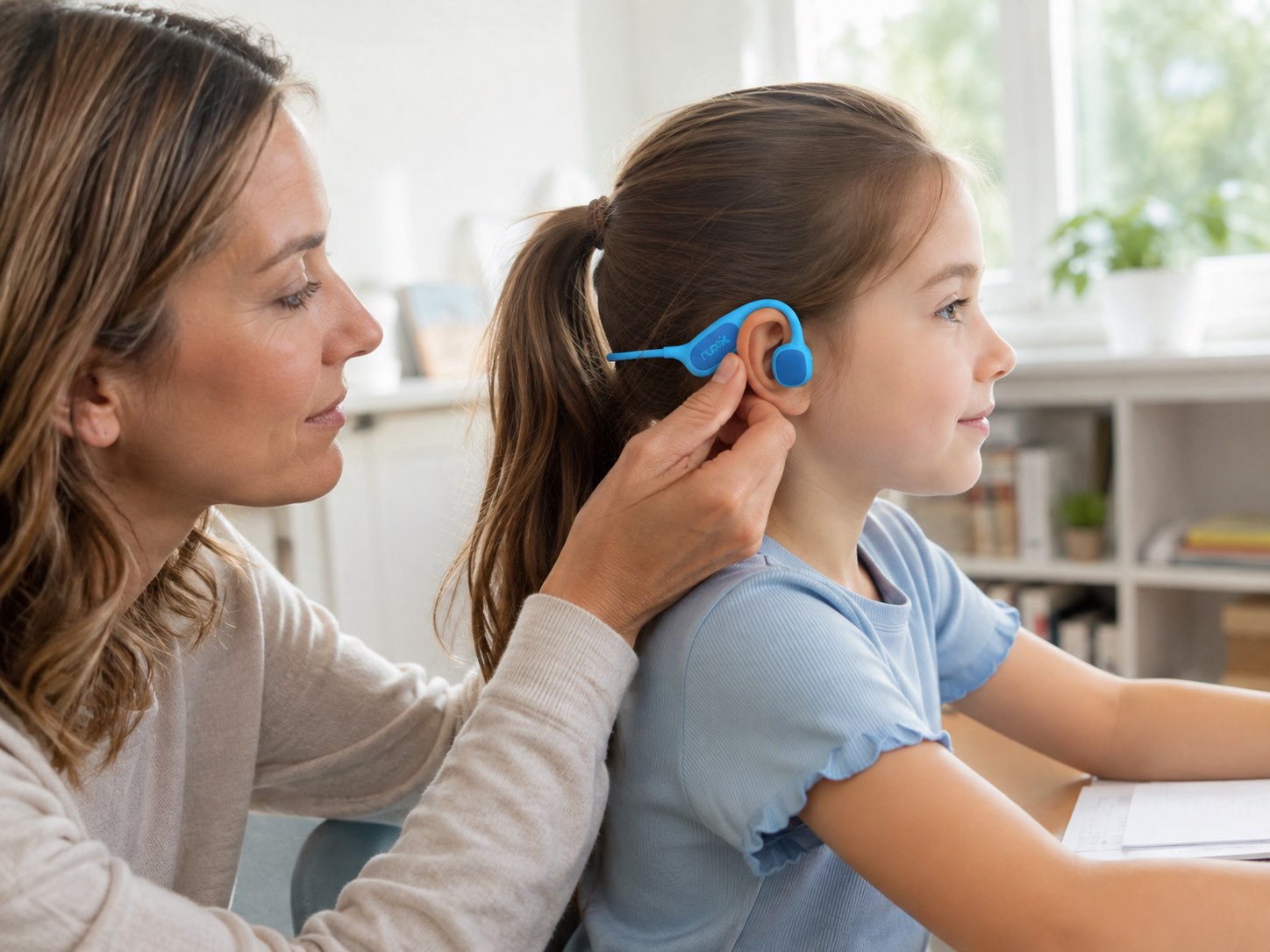 Parent checking the fit of open-ear headphones on a child