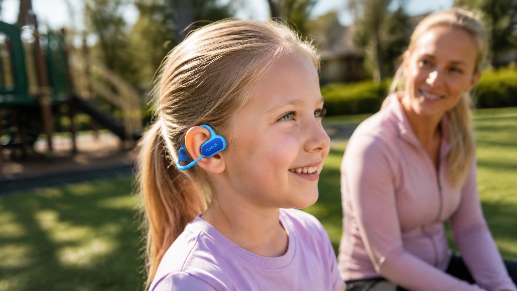 Child wearing Runix S1 open-ear headphones outdoors