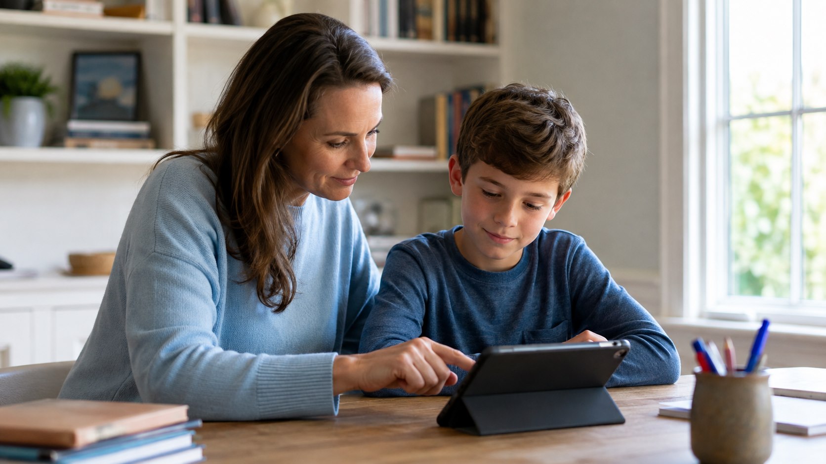 Parent helping a child adjust a tablet before listening