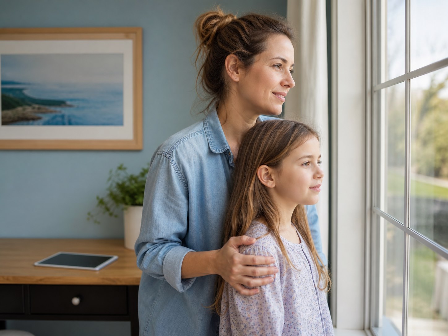 Parent and child taking a quiet break from a tablet at home