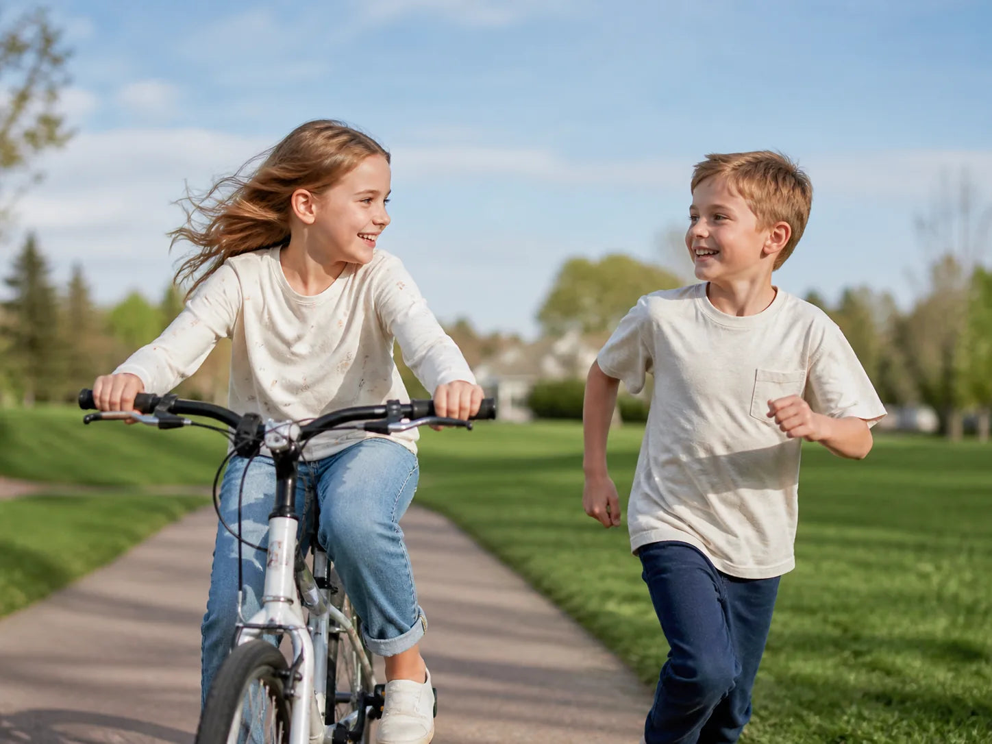 Children riding bicycles together in a sunny park